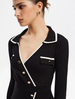 Hot Contrast Trim Wrap Midi Knit Dress Black Dresses|Sweater Dresses