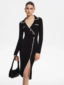 Hot Contrast Trim Wrap Midi Knit Dress Black Dresses|Sweater Dresses