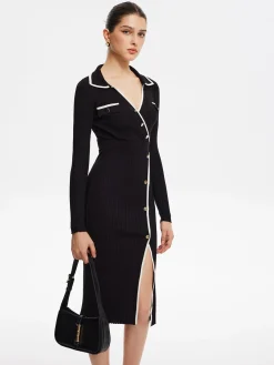 Hot Contrast Trim Wrap Midi Knit Dress Black Dresses|Sweater Dresses