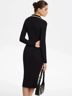 Hot Contrast Trim Wrap Midi Knit Dress Black Dresses|Sweater Dresses
