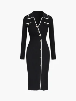 Hot Contrast Trim Wrap Midi Knit Dress Black Dresses|Sweater Dresses