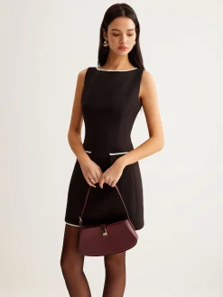New Contrast Trim Zipper Tank Short Dress Black Dresses|Casual Dresses