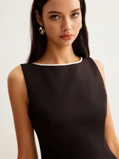 New Contrast Trim Zipper Tank Short Dress Black Dresses|Casual Dresses