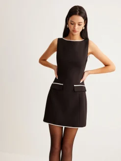 New Contrast Trim Zipper Tank Short Dress Black Dresses|Casual Dresses