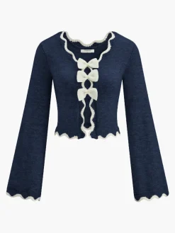 Online Contrast Wave Trim Bow Sweater Sweater Tops|Sweaters & Cardigans