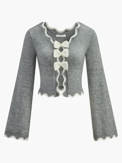 Online Contrast Wave Trim Bow Sweater Sweater Tops|Sweaters & Cardigans
