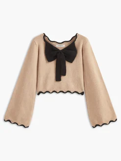 Clearance Contrast Wave Trim Bow Sweater Sweater Tops|Sweaters & Cardigans