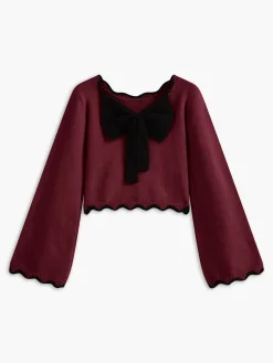 Clearance Contrast Wave Trim Bow Sweater Sweater Tops|Sweaters & Cardigans