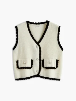 Hot Contrast Wave Trim Breasted Sweater Vest Sweater Vests|Sweaters & Cardigans