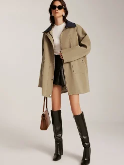 Clearance Contrast-Collar Zipper Loose Trench Coat Outerwear|Coats