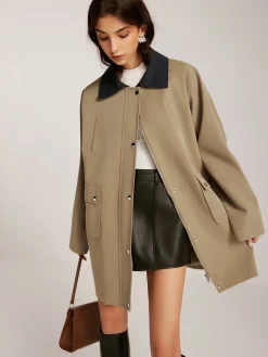 Clearance Contrast-Collar Zipper Loose Trench Coat Outerwear|Coats