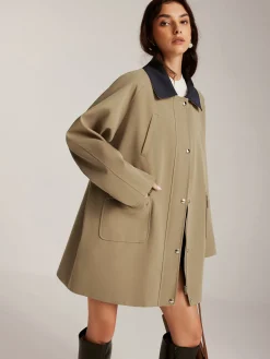 Clearance Contrast-Collar Zipper Loose Trench Coat Outerwear|Coats