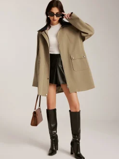 Clearance Contrast-Collar Zipper Loose Trench Coat Outerwear|Coats