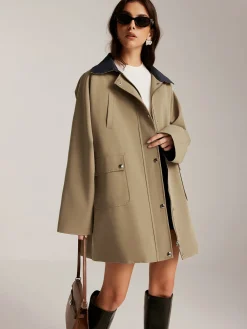 Clearance Contrast-Collar Zipper Loose Trench Coat Outerwear|Coats