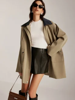 Clearance Contrast-Collar Zipper Loose Trench Coat Outerwear|Coats