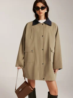Clearance Contrast-Collar Zipper Loose Trench Coat Outerwear|Coats