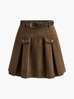 Discount Corduroy Pleated Skirt With Belt Skirts|Bottoms