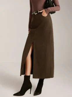 Corduroy Split Belted Midi Skirt Skirts|Bottoms