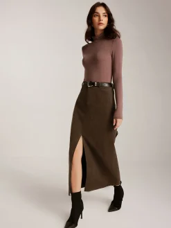 Corduroy Split Belted Midi Skirt Skirts|Bottoms