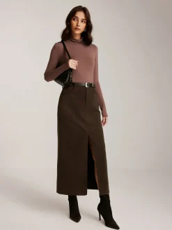 Corduroy Split Belted Midi Skirt Skirts|Bottoms
