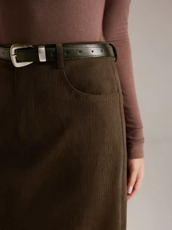 Corduroy Split Belted Midi Skirt Skirts|Bottoms