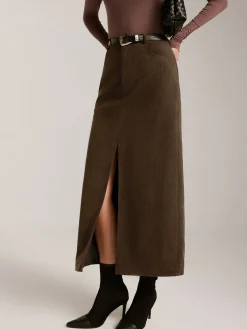 Corduroy Split Belted Midi Skirt Skirts|Bottoms