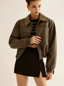 Best Corduroy-Collar PU Leather Jacket Outerwear|Jackets