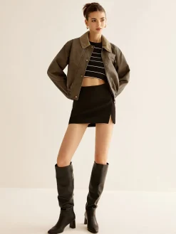 Best Corduroy-Collar PU Leather Jacket Outerwear|Jackets