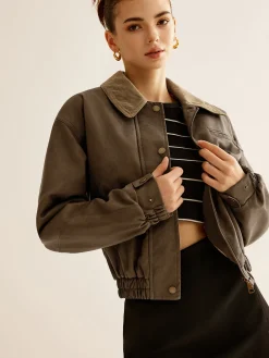 Best Corduroy-Collar PU Leather Jacket Outerwear|Jackets