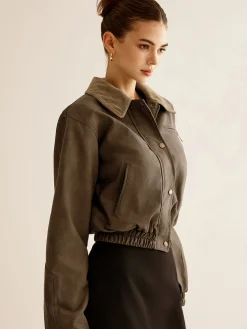 Best Corduroy-Collar PU Leather Jacket Outerwear|Jackets