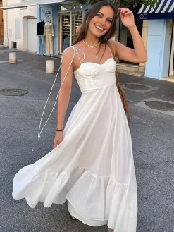 Best Corset Detail Spaghetti Strap Knotted Long Dress White Dresses|Casual Dresses