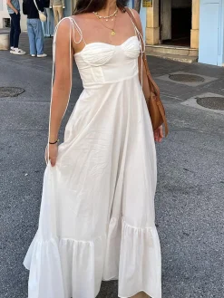Best Corset Detail Spaghetti Strap Knotted Long Dress White Dresses|Casual Dresses