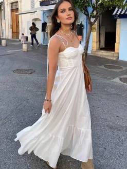 Best Corset Detail Spaghetti Strap Knotted Long Dress White Dresses|Casual Dresses