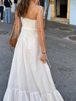 Best Corset Detail Spaghetti Strap Knotted Long Dress White Dresses|Casual Dresses