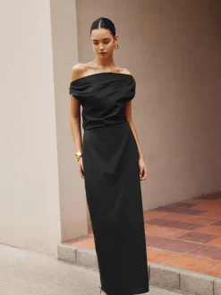 Clearance Cotton & Linen Asymmetrical Neck Dress Black Dresses|Casual Dresses