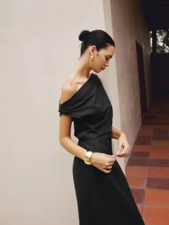 Clearance Cotton & Linen Asymmetrical Neck Dress Black Dresses|Casual Dresses