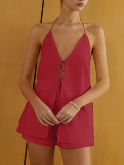 Online Cotton & Linen Backless Halter Top With Shorts Set Shorts Sets|Shorts