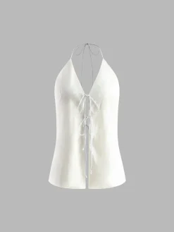 Online Cotton & Linen Backless Halter Top With Shorts Set Shorts Sets|Shorts