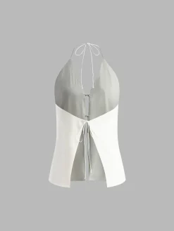 Online Cotton & Linen Backless Halter Top With Shorts Set Shorts Sets|Shorts