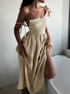 Online Cotton & Linen Backless Long Dress Casual Dresses|Summer Dresses