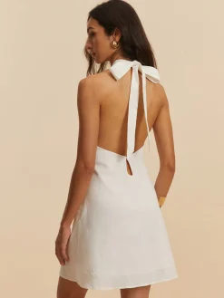 Sale Cotton & Linen Backless Halter Dress White Dresses|Casual Dresses