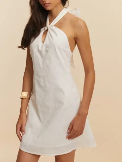 Sale Cotton & Linen Backless Halter Dress White Dresses|Casual Dresses