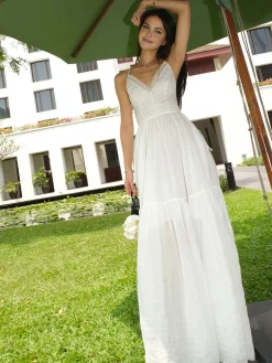 New Cotton & Linen Backless Knotted Cami Long Dress White Dresses|Casual Dresses