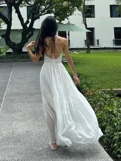 New Cotton & Linen Backless Knotted Cami Long Dress White Dresses|Casual Dresses