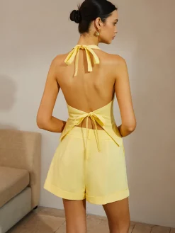 Clearance Cotton & Linen Backless Tie Back Shorts Set Shorts Sets|Shorts