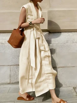 Sale Cotton & Linen Belted Sleeveless Long Dress Casual Dresses|Vacation Dresses