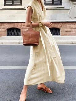 Sale Cotton & Linen Belted Sleeveless Long Dress Casual Dresses|Vacation Dresses