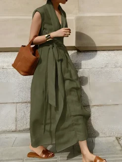 Sale Cotton & Linen Belted Sleeveless Long Dress Casual Dresses|Vacation Dresses