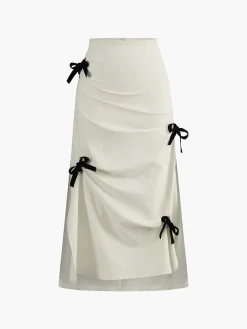 Clearance Cotton & Linen Bow Decor Split Midi Skirt Skirts|Bottoms