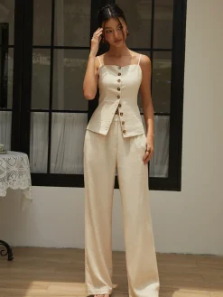 Online Cotton & Linen Button Cami Top Tank Tops & Camis|Tops
